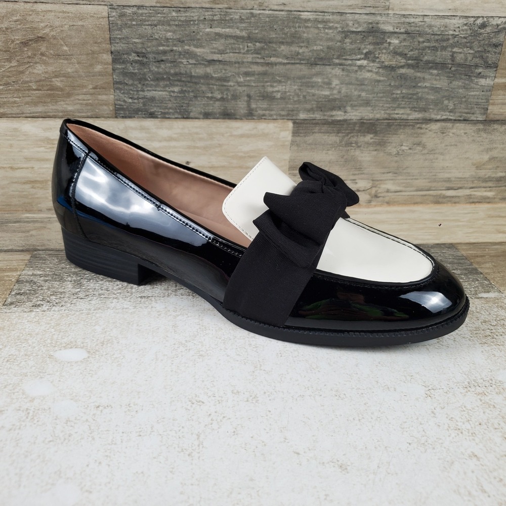 Bandolino Lindio Womens Loafers Sz 11 M Black Cream Patent Slip On Flowy Bow